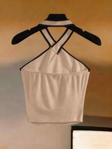 Blusa de cuello halter blanca con ribete negro.Ropa de playa, adecuada para otoño e invierno, uso casual en la oficina, versátil, Navidad, Año Nuevo, uso casual y elegante diario, atuendo profesional de maestro urbano - Caqui - Ver 2