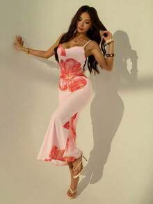 Vestido con tirantes de escote bajo y estampado floral rosa para estilizar la figura de mujer.Conjunto elegante y sexy para las vacaciones de verano - Rosa - Ver 3