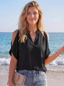 Blusa de uso diario de unicolor para primavera/verano, informal - Negro - Ver 4