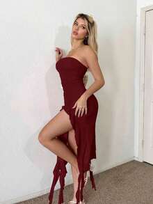 Vestido tubo fruncido bajo asimétrico - Burdeos - Ver 2