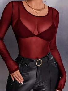 Blusa de malla transparente sin sujetador - Burdeos - Ver 1