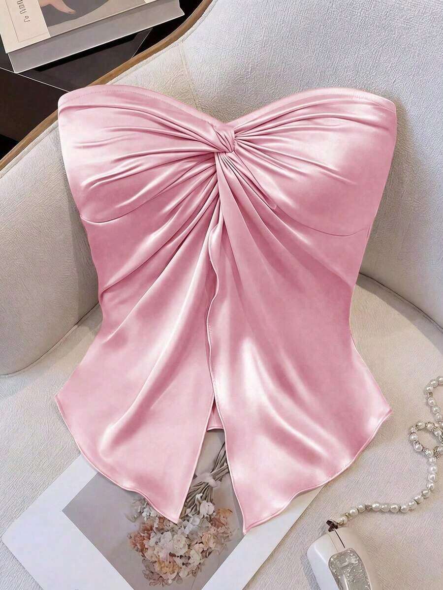 Blusa de satén anudada elegante y casual para mujer, ideal para vacaciones, salidas y fiestas, primavera/verano - Rosa - Ver 1