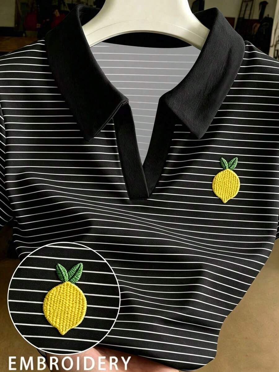 Blusa casual de uso diario versátil con rayas y bordado de limón para mujer - Multicolor 2 - Ver 1