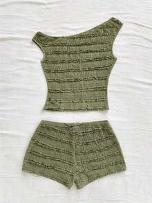 Conjunto de 2 piezas para vacaciones primavera/verano de mujer: Top corto asimétrico de hombro de punto a rayas rojas y blancas y shorts ajustados de tiro súper bajo, adecuado para fiesta, Navidad, San Valentín, cita, playa, crucero, carnaval, Pasc - Verde militar - Ver 2