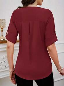 Clasi Blusa casual sencilla para uso diario con cuello redondo, manga corta y botones delanteros para mujer - Burdeos - Ver 2