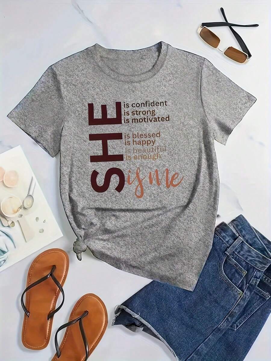 Printed Crew Neck T-Shirt In Plus Size - Grey - View 1