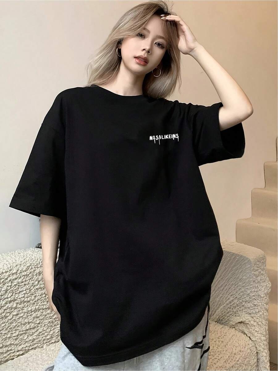 Comfortable Black T-Shirt, Modern Urban Style With Unique Print, Fresh Casual Design For Everyday Wear And Outings, One Size Fits All, Versatile, Youth Fashion 2023 - 黑色 - 查看 1