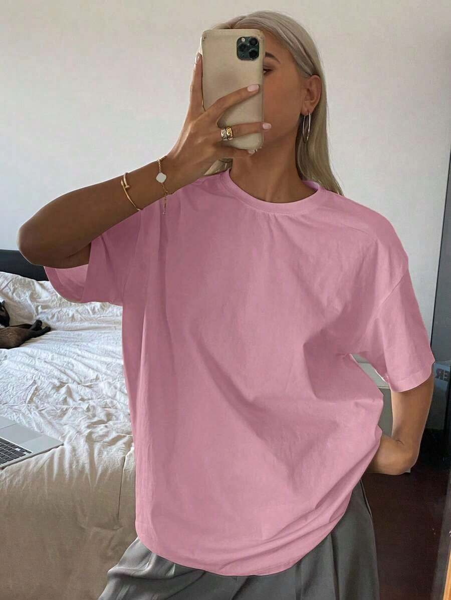 Women's Loose-Fitting, Long-Sleeved, Round-Neck, Solid-Color T-Shirt For Summer - Rose - View 1