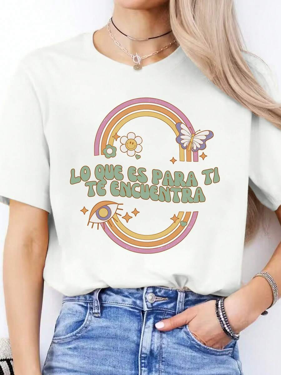 Camiseta deportiva casual de manga corta y cuello redondo para mujer con estampado de letras en español para primavera y verano - [Blanco] - Ver 1