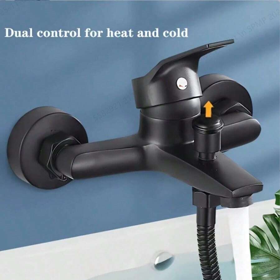 锌合金壁挂式双出水单把手冷热水浴室洗手盆龙头,黑色 - 浴缸龍頭 - 查看 1