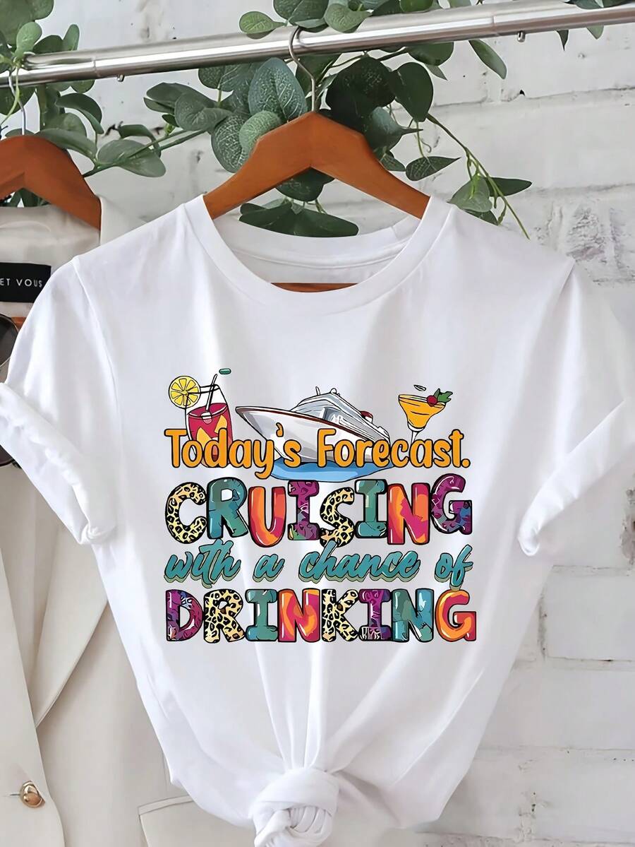 Women's Graphic T-Shirt "I Sail When There's A Chance To Drink" - Casual Short-Sleeve Crew Neck T-Shirt With A Lively Palm Tree And Boat Design, Perfect For Spring And Summer, With A Relaxed Fit. | Crew Neck T-Shirt | Short-Sleeve Shirt, Perfect For Summer. - 白色 - 查看 1