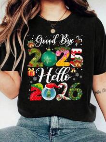 T-Shirt With A New Year's 2026 Slogan, Featuring Colorful Designs, Ideal For This Season And Everyday Wear. Eye-Catching, Modern, Loose-Fitting, Round Neck, Short Sleeves, Perfect For The Whole Family. - 黑色 - 查看 6