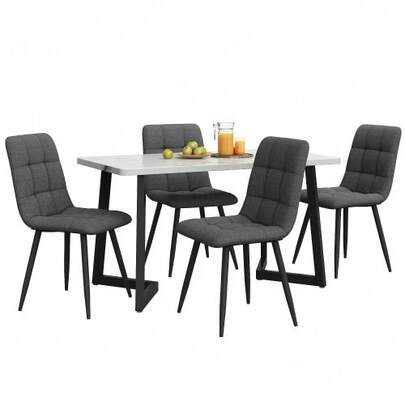 117cm Esstisch Mit 4 Stühlen Set, Rechteckiger Esstisch Moderner Küchentisch Set, Dunkelgrauer Leinen Esszimmerstuhl,Schwarze Tischbeine