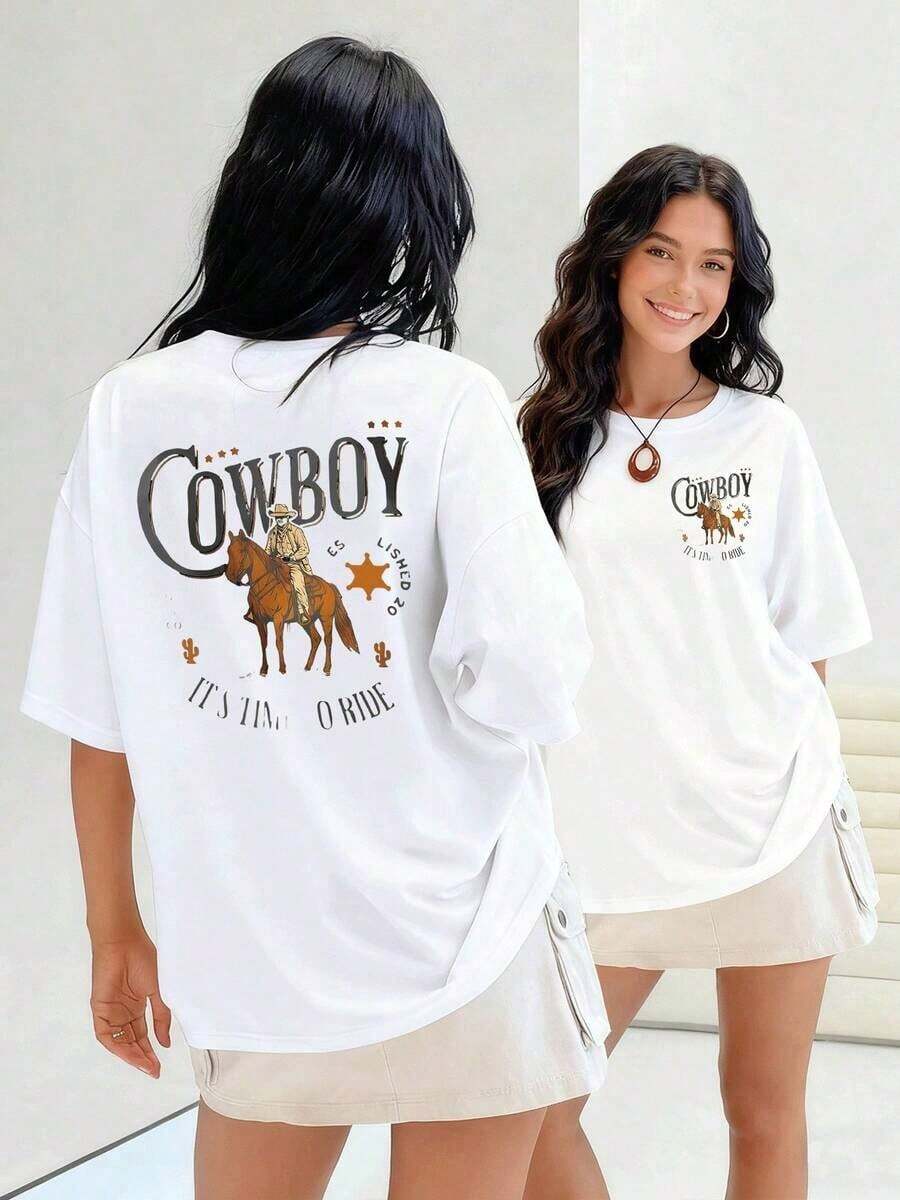 Cowboy Riding A Horse, With A Sheriff's Star, Women's T-Shirt, 100% Cotton, Shows The Spirit Of The American West Reflected In His Clothing And Surroundings. Suitable For Spring, Summer And Autumn - 白色 - 查看 1