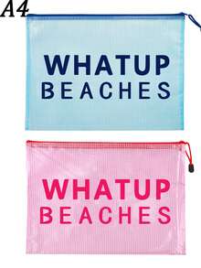 多色時尚網格海灘包，印有「WHATUP BEACHES」字樣的化妝包，海灘主題，大容量透明化妝包 - 彩色 - 查看 21