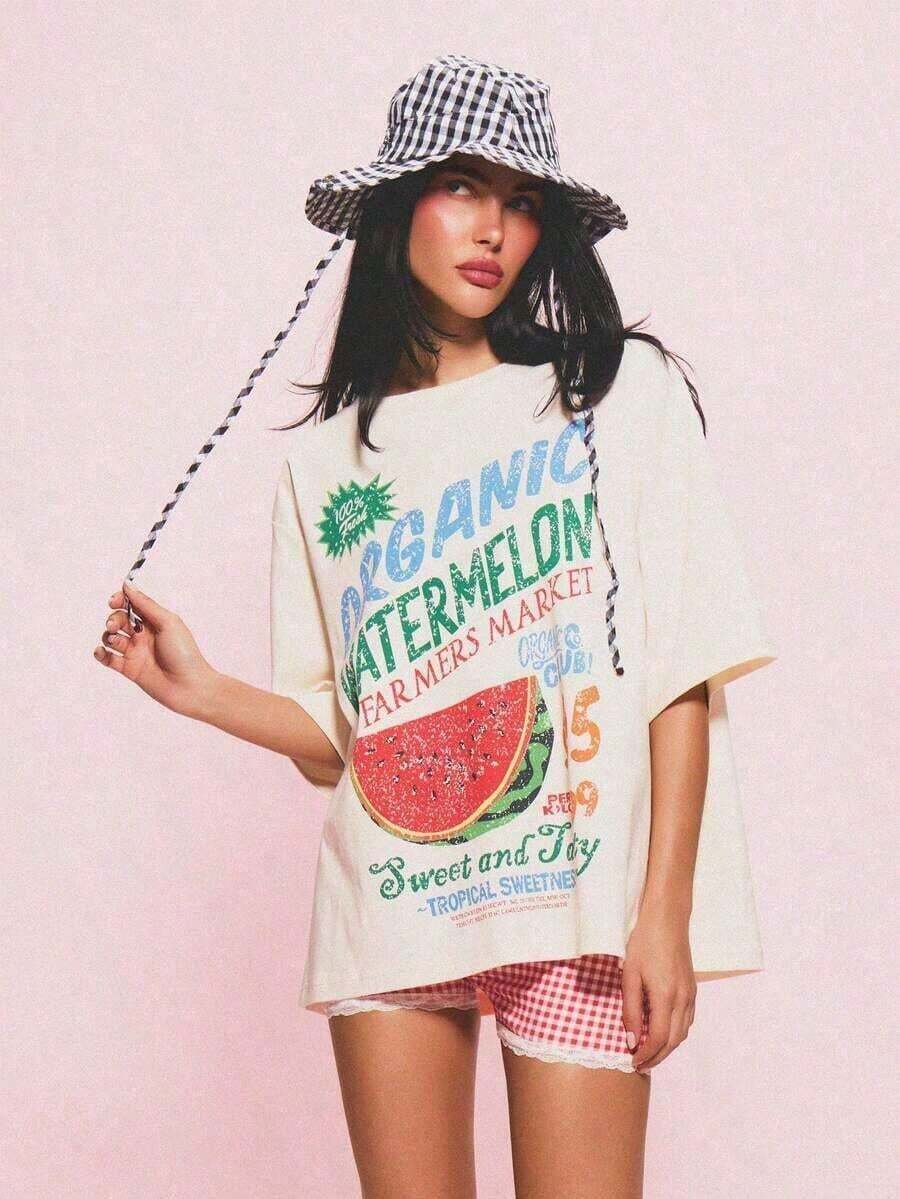 Suave Camiseta Gráfica Oversize de Algodón de Manga Corta para Mujer con Estampado de Sandía Orgánica del Mercado de Agricultores, Diseño de Fruta de Verano, 100% Algodón, blusas casuales, playeras de mujer algodón - Albaricoque - Ver 1