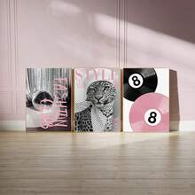 1 Pc Pink Disco Ball Wall Art Set Leopard Vinyl Record Lucky Ball Poster Prints Preppy Aesthetic Canvas Pictures For Girly Bedroom Living Room Dorm Decor Unframed - Multicolor - View 3