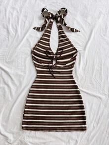 Vestido mini casual para vacaciones, boda en la playa, graduación, brunch, Día de San Patricio, vacaciones de primavera, Pascua, festival de música, elegante bohemio, tropical elegante sin tirantes, hombros descubiertos, espalda descubierta para of - Marrón 2 - Ver 2