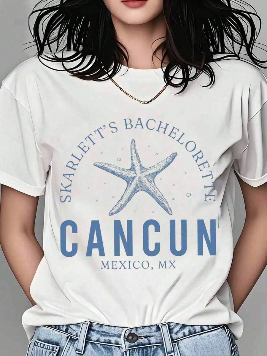 Skarlett's Bachelorette Party T-Shirt, Cancun, Mexico, Starfish Print, Beach Vacation, Women's Summer Casual Wear, Gift For The Bride-To-Be, Short Sleeve T-Shirt. - 白色 - 查看 1