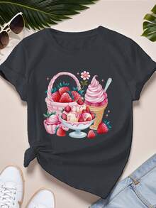 Strawberry-Themed Desserts And Items. Women's Short-Sleeved Sports T-Shirt. A Very Distinctive Printed T-Shirt / Unisex Style / Suitable For Both Men And Women / Wrinkle-Resistant / Breathable - 黑色 - 查看 7