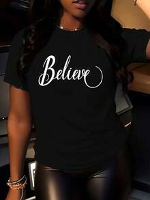 1 Piece Of  Women's Casual T-Shirt With Simple Letter Print - Round Neck, Short Sleeves, Suitable For Summer And Spring, Women's Clothing. A Very Distinctive Printed T-Shirt / Unisex Style / Suitable For Both Men And Women / Wrinkle-Resistant / Breathable - 黑色 - 查看 12