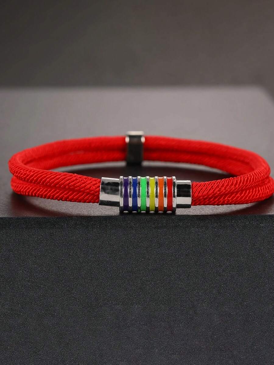 1pc Retro Woven Bracelet, Unisex Handmade Colorful Rope Magnetic Clasp Bracelet, Friendship Gift, Couple Accessory, Suitable For Proud Event And Daily Outfit - Rainbow Bracelet - View 1