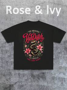 2Pcs Women's Double Side Print T-Shirt And Short Set Snake Flower Van Dutch Los Angeles Chop Shop Brand American Vintage Full Print Street Wear Ideal Gift For 2026 Mother's Day Outfit 4th Of July Outfit Women Museera Aneewsta Women Vacation Outfits Women Beach Vonn Dutch - màu đen - Xem 3