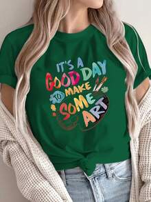 1 pieza de sudadera casual de moda con estampado de letras para mujer, camiseta de cuello redondo, 180g 100% algodón. - Blanco - Ver 8