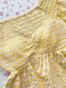Blusa de mujer de cuello en V amarilla, ajustada a la cintura, de manga corta, con estilo romántico francés, para primavera/verano - Amarillo - Ver 4