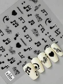 2 pièces Ensemble d'autocollants pour ongles 5D gaufrés - Notes de musique noires et nœud papillon rétro, style doux et épicé, décoration d'ongles DIY convenant pour les festivals de musique, les fêtes et le port quotidien - Multicolore - Voir 7