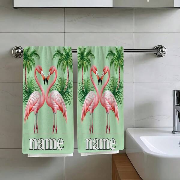 2pcs Pink Flamingo And Palm Tree Cartoon Towels, Personalized Name Design, Soft Polyester, Ultra-Absorbent And Quick-Dry, Single-Sided HD Print And Washable Lightweight Fabric, For Bathroom Kitchen Face Care Travel Gym Party