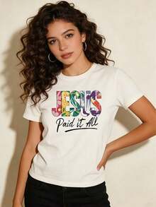 1 Piece Women's Christian Faith T-Shirt - "Paid It All" With Bold Black Lettering And Floral Cross Design - Short Sleeve T-Shirt, Round Neck, Soft And Breathable, Ideal For Church - White T-Shirt With Religious Graphic Suitable For Casual Outfits, Spring/Autumn Casual Wear, Machine Washable, 180g 100% Cotton. - 白色 - 查看 2