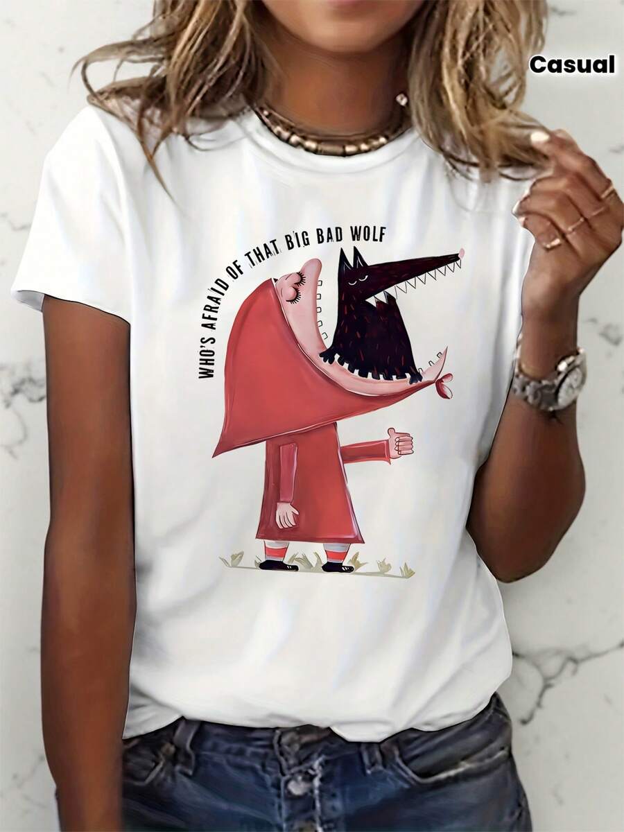 1 Fun T-Shirt With Print Of "Who Is Afraid Of The Big Bad Wolf?" And Little Red Riding Hood, Fairy Tale Themed, Casual Short Sleeve For Women, 180g 100% Cotton. - 白色 - 查看 1