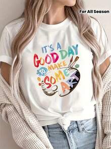 1 pieza de sudadera casual de moda con estampado de letras para mujer, camiseta de cuello redondo, 180g 100% algodón. - Blanco - Ver 12