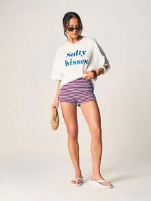 Women's & Men's Oversized Cotton Graphic T-Shirt For Men And Women With Salty Kisses Print, Short Sleeve, Casual, For Summer And Beach. - 白色 - 查看 3