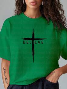 Women's & Men's Casual White T-Shirt With 'Believe' Cross Print, 100% Cotton, Short Sleeve, Crew Neck, Plus Size Regular Fit For All Seasons, 180G Fabric - Various Colors, 'Choir VBS' Christian Faith T-Shirt For Christmas, Thanksgiving, Halloween - 綠色 - 查看 6