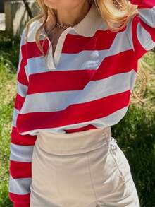 CAREE Women's Vintage Colorblock Striped Polo Neck Knit Top, Comfortable Casual Wear For Daily And Commute, Spring/Summer - Multicolor - View 1
