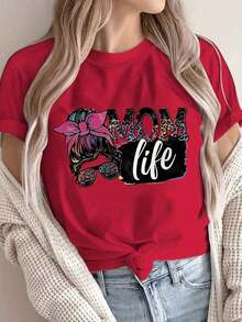 Short Sleeve T-Shirt For Mother's Day, "Mom's Life" Print, Round Neck, Casual Summer T-Shirt, Women's Clothing - [紅色的] - 查看 7