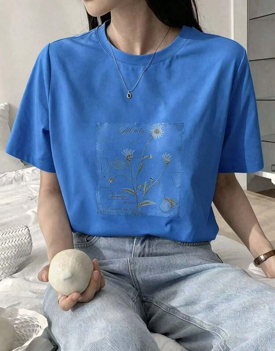 Women's Casual Loose Fit Graphic T-Shirt With Plant Print, New For Spring - Vintage Street Style Unisex Cotton Short Sleeve Crew Neck T-Shirt - Azul - 查看 1