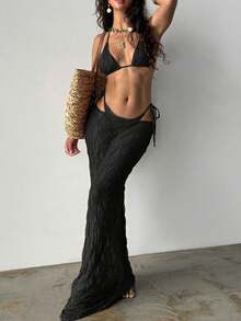 2026 Nuevo Bikini Bohemio de Vacaciones en la Playa para Mujer, Estilo Europeo y Americano, Bikini Sexy con Falda, Conjunto de Tres Piezas - Negro - Ver 5