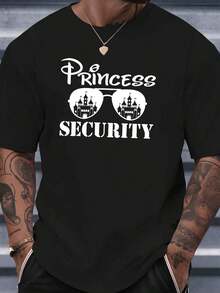 Camiseta Gráfica para Hombre "Princess Security" - Blanca Casual de Manga Corta con Cuello Redondo, Diseño de Castillo y Gafas de Moda, Mezcla de Poliéster Transpirable, Ideal para la Moda de Verano - Negro - Ver 3