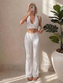 ICON Pantalones elegantes de encaje blanco con alta elasticidad y textura, adecuados para ir al trabajo, dulzura, uso casual, fiestas y todo tipo de eventos de alta gama. - Blanco - Ver 11
