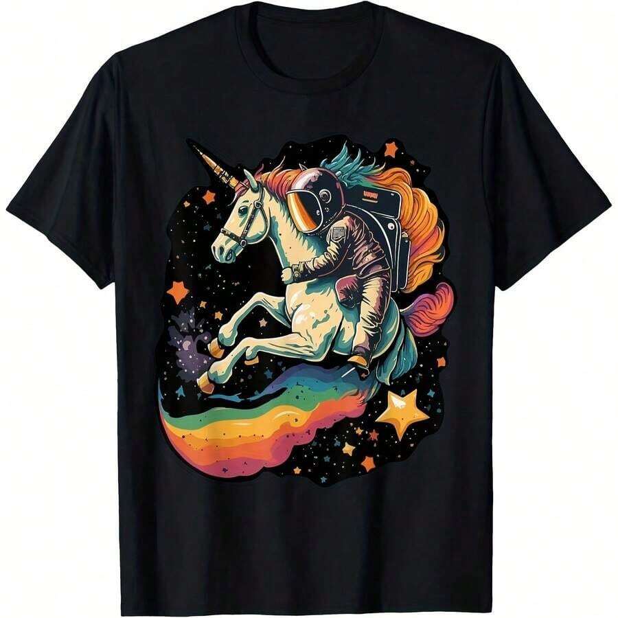 permeability2026Camiseta Genial de Astronauta Montando un Unicornio Arcoíris en el Espacio, de Algodón para Todas las Temporadas, Estampado a una Cara, Cuello Redondo, Manga Corta, coolspacious - Color 3 - Ver 1