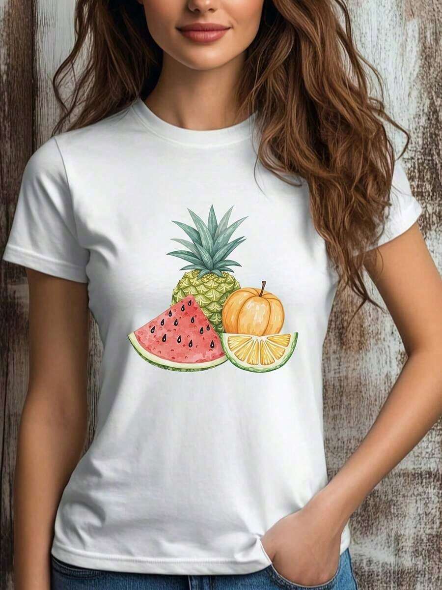 ropa de mujer Camiseta de Mujer con Estampado de Acuarela de Frutas Tropicales - Diseño de Piña, Sandía y Naranja, Suave, Transpirable, Corte Relajado, Manga Corta, Ropa Casual de Verano para la Playa, Colores Tropicales Vibrantes, Camiseta para Mujer, Camiseta Gráfica para Mujer, Blusa para Mujer, Ropa de Mujer, Camiseta de Moda Estampada de Manga Corta para Mujer, Ligera, Transpirable, Corte Holgado, Tops Casuales para Conjuntos de Verano, camisas de mujer - Blanco - Ver 1