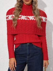 JNQualytrix Elegant Animal Print V-Neck Long Sleeve Pullover Sweater & Poncho Two Pieces Set, Suitable For Spring/Autumn & Winter, Elegant/Minimalist/Resort Style - New Big Red - View 3