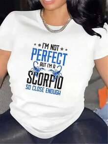 Camiseta de Mujer con Estampado de Escorpio - Divertido Eslogan "No Soy Perfecta, Pero Soy Escorpio" - Camiseta Ligera de Poliéster, Blanca con Texto Azul - Uso Diario Casual y para Restaurantes - Prenda Versátil Lavable a Máquina, Tejido Transpirable, Diseño Moderno, Esencial para Entusiastas de la Astrología, Ropa Diaria para Hombres y Mujeres, Camisetas para Mujer, Ropa de Vacaciones para Mujer - Estilo Urbano Vintage, Unisex, Camiseta de Manga Corta de Algodón Holgada con Cuello Redondo, 100% Algodón - Blanco - Ver 7