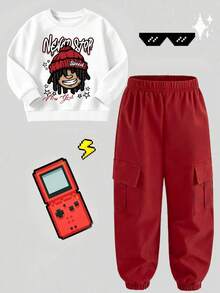 Young Boy Cartoon Print Crew Neck Long Sleeve Top And Cargo Pants Set - White - View 3
