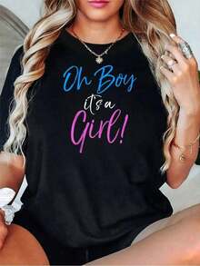 Algodón Camiseta % Algodón Oh Boy It's A Girl!, Divertida Y Camiseta Para De Revelación De Género. Estampada, Cuello Redondo, Manga Corta, Informal, Verano, Camisetas Gráficas Para Mujer. blusas para mujer camisa - Negro - Ver 1