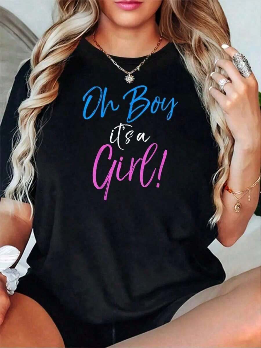 Algodón Camiseta % Algodón Oh Boy It's A Girl!, Divertida Y Camiseta Para De Revelación De Género. Estampada, Cuello Redondo, Manga Corta, Informal, Verano, Camisetas Gráficas Para Mujer. blusas para mujer camisa - Negro - Ver 1