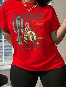 conjuntos de mujer2026Women's Cotton Graphic T-Shirt - Cowgirl Take Me Away Desert Print, Loose Fit Short Sleeve Round Neck, Breathable Casual Summer Tee For Parties & Daily Wear, Ladies T Shirts, Cowboy Theme Shirt, Comfortable Fabric, Party Outfit, Cartoon Design, Soft Material, Printed Top, Adults-High Qualitycoolplayeras de mujer - Rojo - Ver 3
